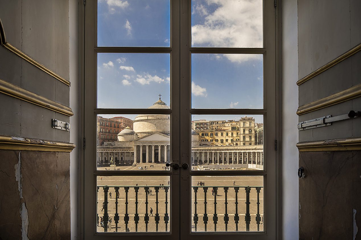 Italy, Naples - The Royal Palace in piazza Plebiscito - The square with the church of San Francesco di Paola as seen from inside the Royal Palace